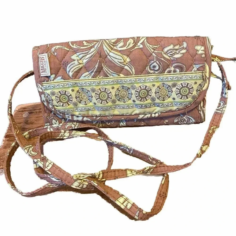 MaggieB Mini Crossbody Strap Wallet Quilted Floral Print Brown Green